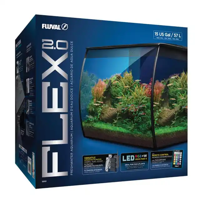 Fluval Flex 2.0 - 15 Gallon Aquarium Kit - Freshwater Fish Tank with Curved Glass - Includes 7500K LED Light, Lid and 3-Stage Filtration System