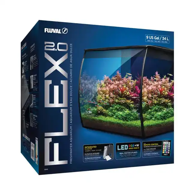 Fluval Flex 2.0 - 9 Gallon Aquarium Kit - Freshwater Fish Tank with Curved Glass - Includes 7500K LED Light, Lid and 3-Stage Filtration System