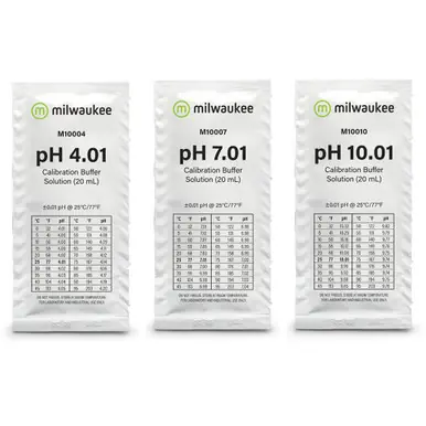 pH Calibration Solution Combo: 1 x PH 4.01 buffer solution, 1x20ml sachet 1 x PH 7.01 buffer solution, 1x20ml sachet 1 x PH 10.01 buffer solution, 1x20ml sachet - Milwaukee Instruments