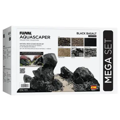 Fluval Aquascaper Natural Rock & Sand Décor Set, Mega, 46 lb / 21 kg, Black Basalt Canyon