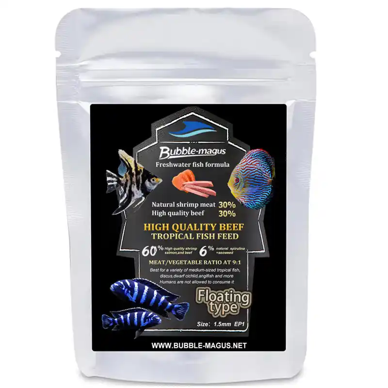 Bubble Magus Tropical Fish Food, Wild Sword Prawn, Natural Color Enhancement, Slow Sinking Pellet for Discus, Angelfish, Medium Sized Cichlids and Fish, Tropical Excellent Bits (2 OZ) - BUBBLE-MAGUS