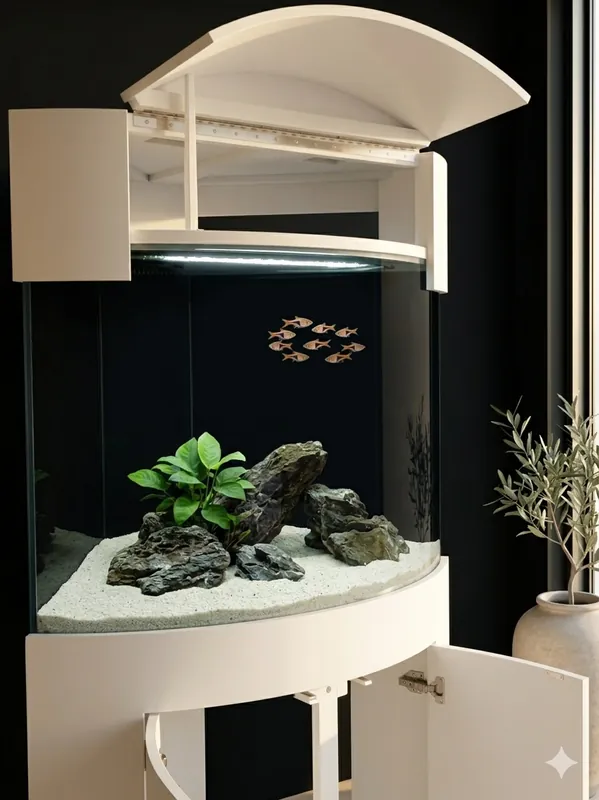 Arctic White 90g Corner 1/4 Cylinder Glass Aquarium Set in Flush Wood Furniture - AQUA VIM